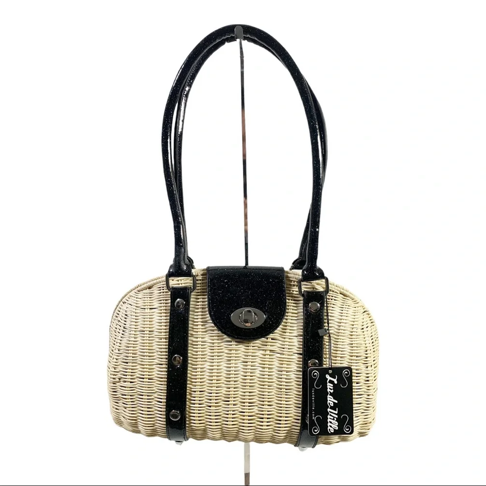 Lux De Ville Purse Romeo Handbag Tote Natural Straw and Sparkle Jet Black - Picture 1 of 5